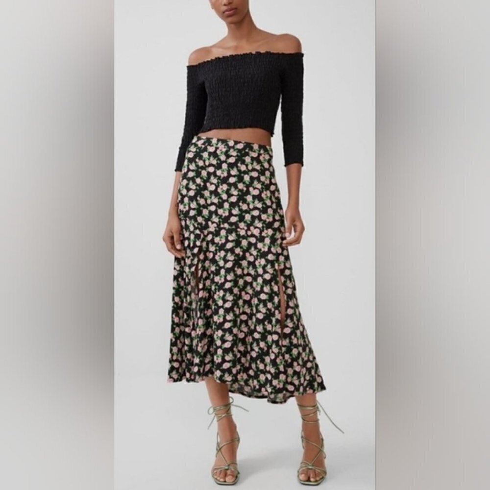 Zara Floral Midi Skirt Black Pink Flowy A-Line Side Slit XS
